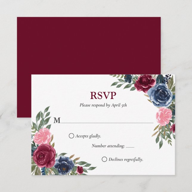 Navy Blue Burgundy Floral Wedding RSVP Cards (Front/Back)