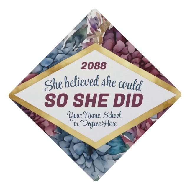 Navy Blue Burgundy Flowers Shiny Gold Leaf Elegant Graduation Cap Topper (Front)