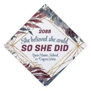 Navy Blue Burgundy Flowers Shiny Gold Leaf Elegant Graduation Cap Topper