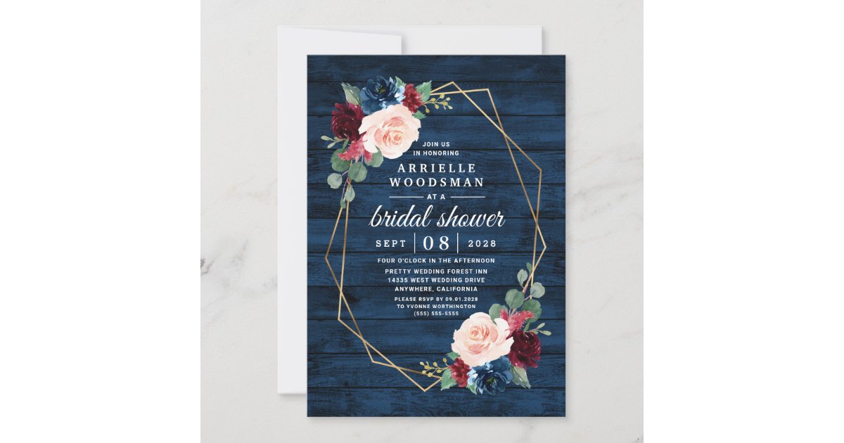 Navy Blue Burgundy Gold Blush Pink Bridal Shower Invitation | Zazzle.ca