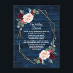 Navy Blue Burgundy Gold Blush Pink Country Wedding Enclosure Card<br><div class="desc">Features a dark navy blue barn or wood grain background decorated with a printed gold geometric frame that's trimmed with floral and greenery elements in shades of navy,  pink,  burgundy and more.</div>