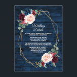 Navy Blue Burgundy Gold Blush Pink Country Wedding Enclosure Card<br><div class="desc">Features a dark navy blue barn or wood grain background decorated with a printed gold geometric frame that's trimmed with floral and greenery elements in shades of navy,  pink,  burgundy and more.</div>