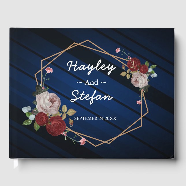 Navy Blue Burgundy Gold Blush Pink Floral Guest Book (Front)