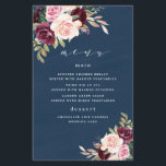 Navy Blue Burgundy Gold Blush Wedding Menu Cards<br><div class="desc">Design features an elegant dark blue watercolor background with a watercolor bouquet or wreath in shades of burgundy red, Marsala, light blush pink, peach, and more over greenery elements of eucalyptus and vintage gold leaves. You can move, add, delete text under the customize further tools if you would prefer to...</div>