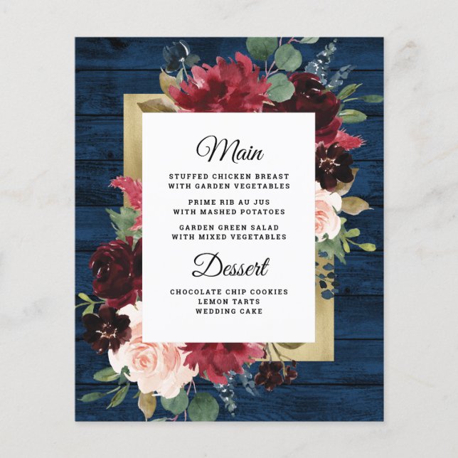 Navy Blue Burgundy Gold Blush Wedding Menu Cards (Front)