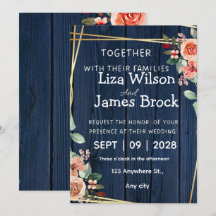 Navy Blue Burgundy Gold Blush wood Wedding Invitation