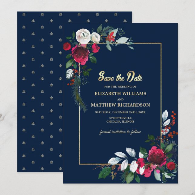 Navy Blue Burgundy Gold Floral Save the Date Invitation (Front/Back)