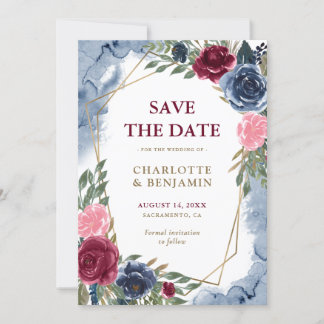 Navy Blue Burgundy Gold Geometric Floral Wedding Announcement