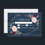 Navy Blue Burgundy Gold Pink Wedding RSVP Cards<br><div class="desc">Navy Blue Burgundy Gold Blush Pink Country Wedding RSVP Cards - feature a dark navy blue barn or wood grain background decorated with a printed gold geometric frame that's trimmed with floral and greenery elements in shades of navy, pink, burgundy and more. View the matching collection on this page to...</div>