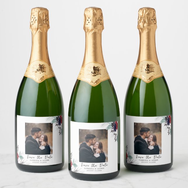 Navy Blue Burgundy Gothic Floral Photo  Sparkling Wine Label (Bottles)