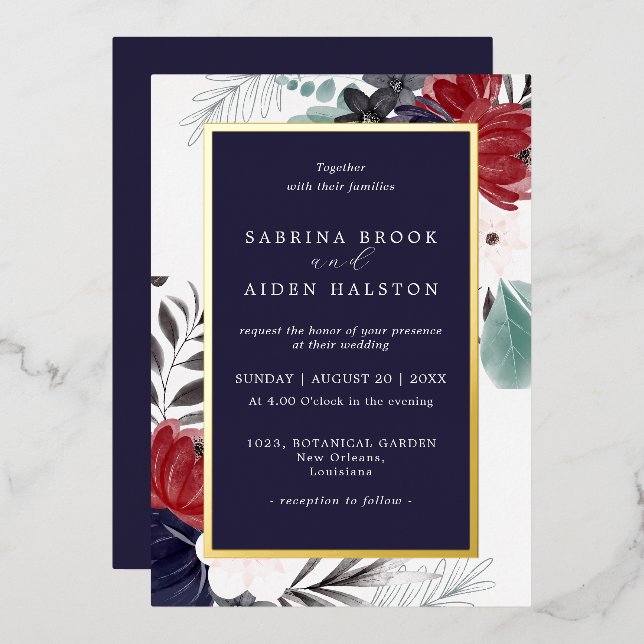 Navy Blue Burgundy Gothic Floral Wedding  (Front/Back)