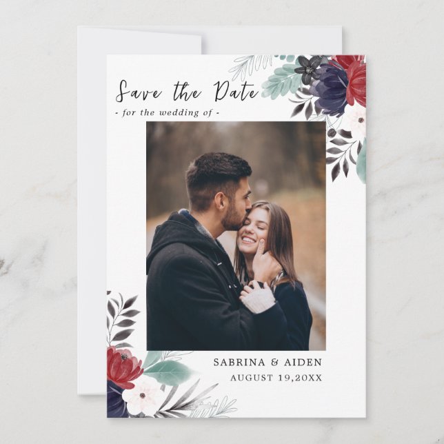 Navy Blue Burgundy Gothic Floral Wedding  Save The Date (Front)