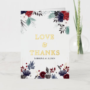 Navy Blue Burgundy Gothic Floral Wedding Thank You Foil Greeting Card