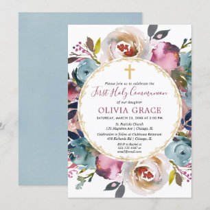 Navy blue burgundy merlot First Holy Communion Invitation