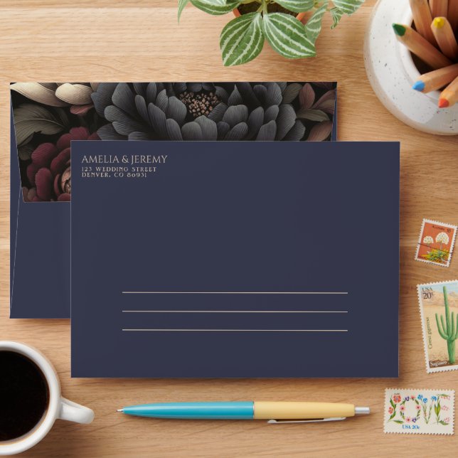 Navy Blue & Burgundy Moody Floral Envelope (Desk)