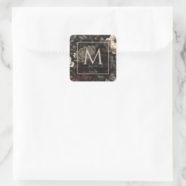 Navy Blue & Burgundy Moody Floral Square Sticker (Bag)