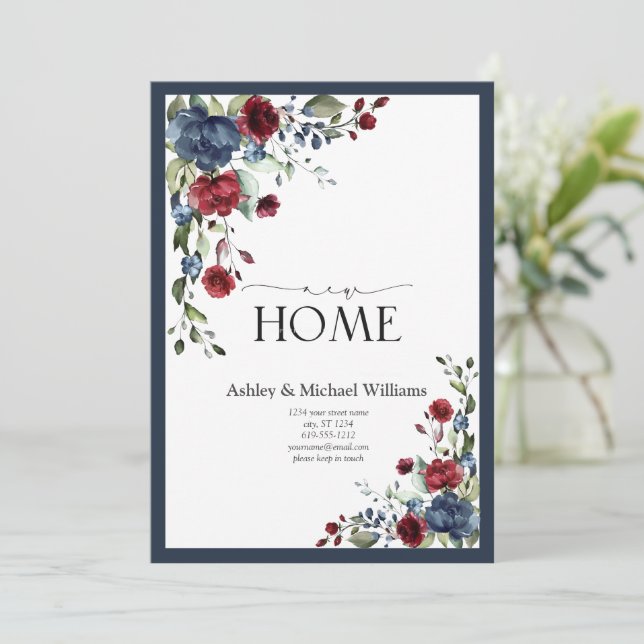 Navy Blue Burgundy New Home Moving Announcement (Standing Front)