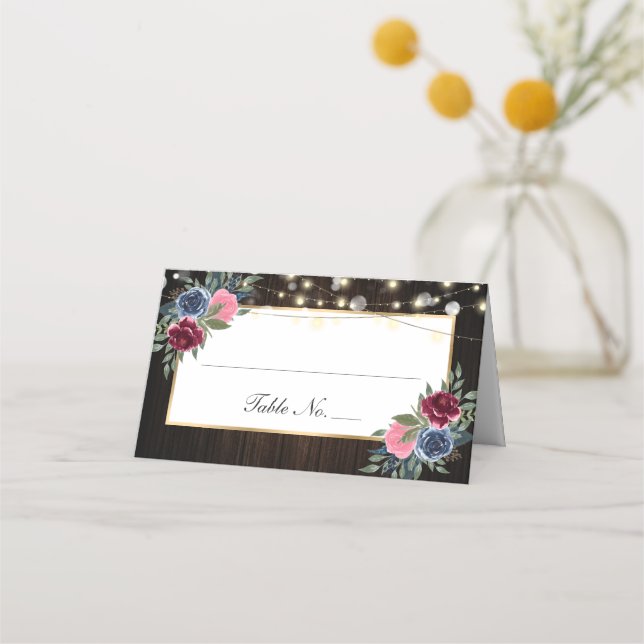 Navy Blue Burgundy Pink Floral Wedding Place Card (Front)