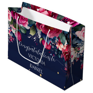 Navy blue burgundy pink roses wedding custom large gift bag