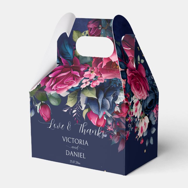 Navy blue burgundy pink roses wedding thank you favor box (Front Side)