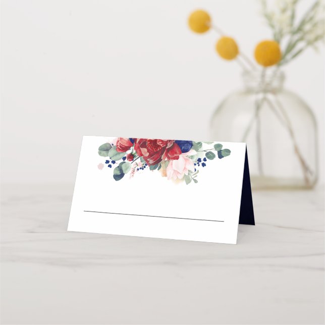 Navy Blue Burgundy Red and Blush Floral Elegant Place Card (Front)
