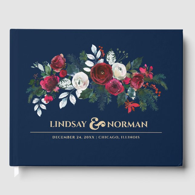 Navy Blue | Burgundy Red Bloom Wedding Guest Book (Front)