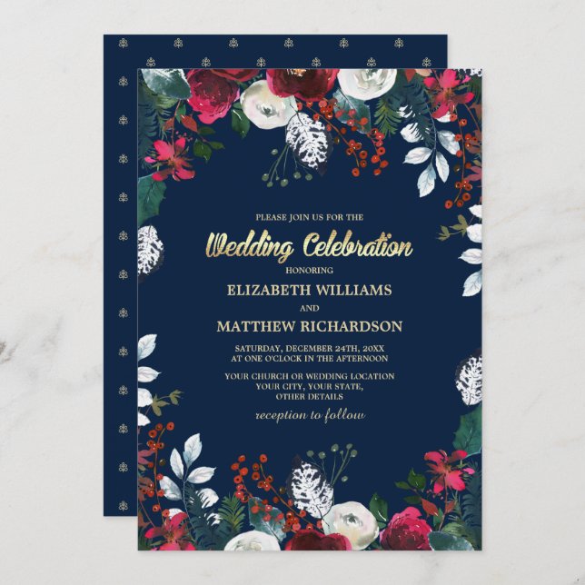 Navy Blue | Burgundy Red Bloom Wedding Invitation (Front/Back)
