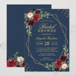 Navy Blue Burgundy Red Floral Modern Bridal Shower Invitation
