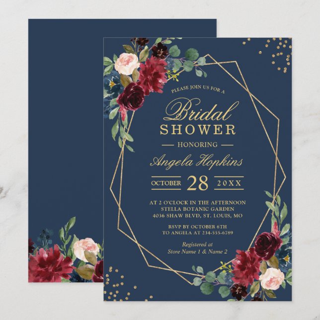 Navy Blue Burgundy Red Floral Modern Bridal Shower Invitation (Front/Back)
