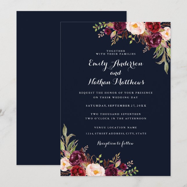 Navy Blue Burgundy Red Floral Wedding Invitation (Front/Back)