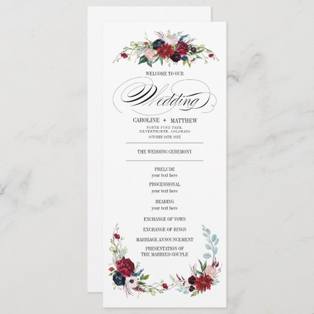 Navy Blue | Burgundy Red Floral Wedding Program (Front/Back)