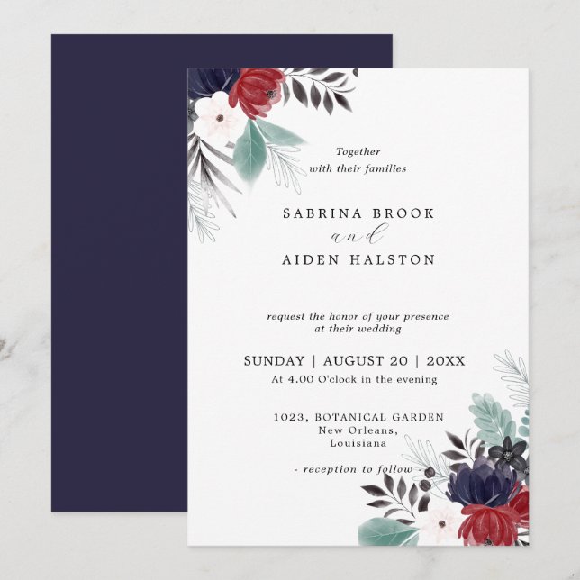 Navy Blue Burgundy Red Gothic Floral Wedding  Invitation (Front/Back)