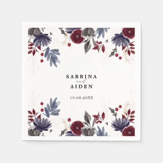 Navy Blue Burgundy Red Gothic Floral Wedding Napkin (Front)
