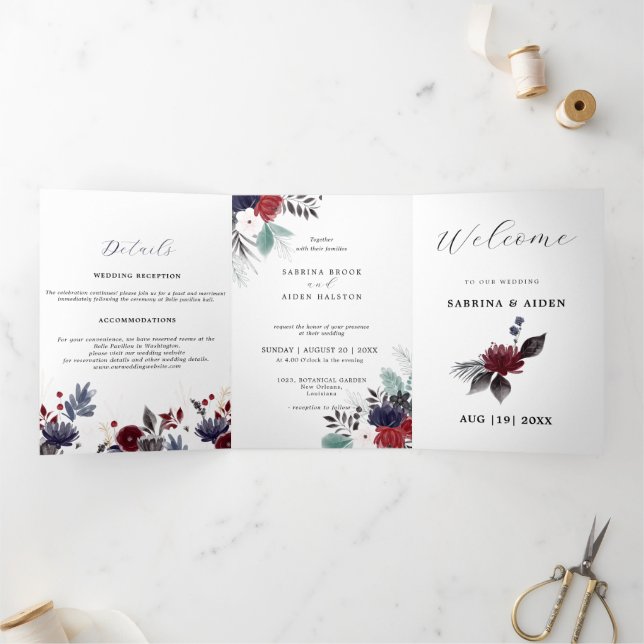 Navy Blue Burgundy Red Gothic Floral Wedding  Tri-Fold Announcement (Inside)