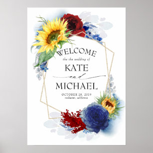 Navy Blue Burgundy Red Sunflower Yellow Welcome Poster
