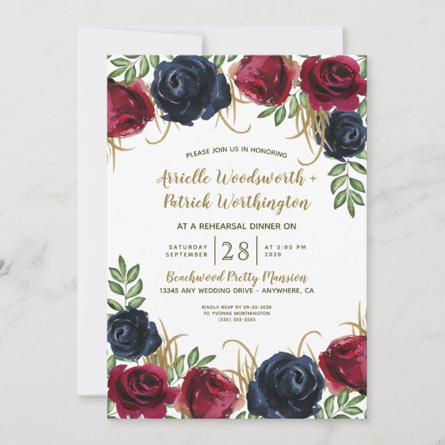 Navy Blue Burgundy Rehearsal Dinner Invitations (Front)