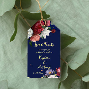 Navy blue burgundy roses wedding thank you gift tags
