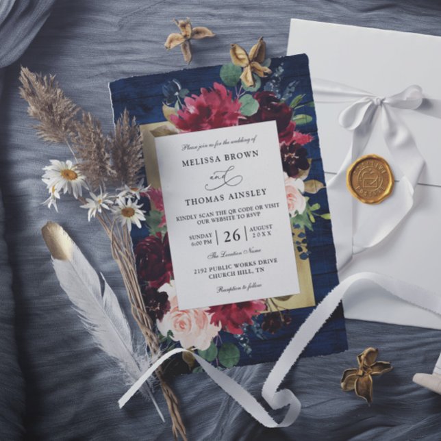Navy Blue Burgundy Rustic Budget QR Code Wedding Invitation (Creator Uploaded)