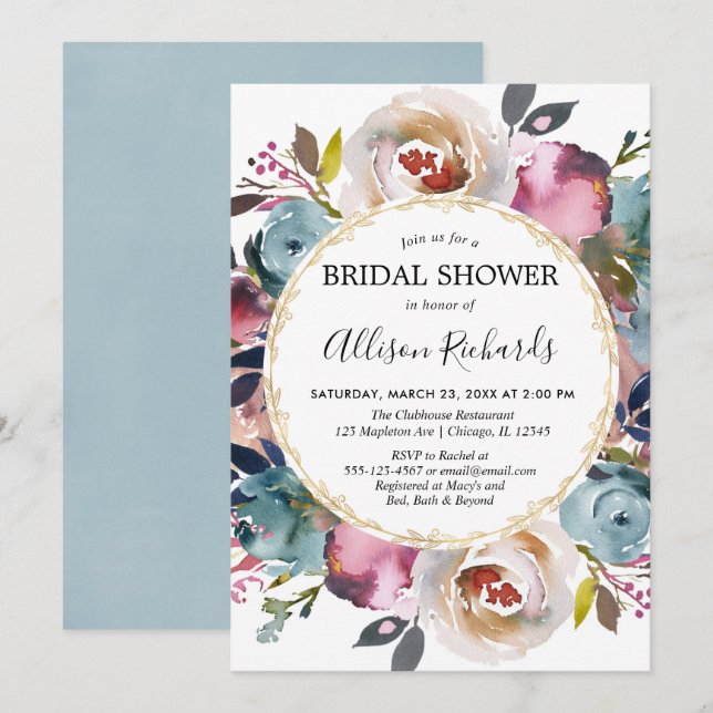 Navy blue burgundy rustic floral bridal shower invitation (Front/Back)