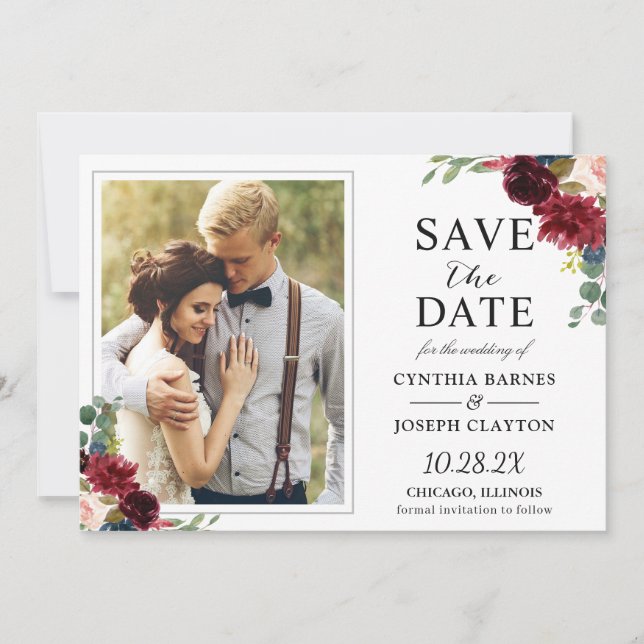 Navy Blue Burgundy Rustic Floral Photo Wedding Save The Date (Front)
