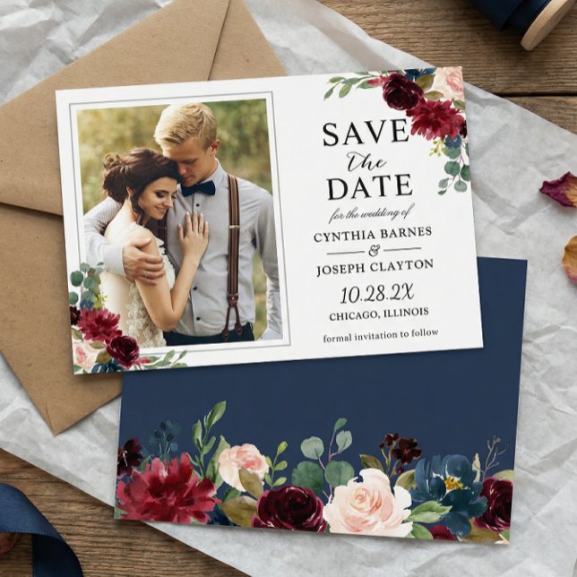 Navy Blue Burgundy Rustic Floral Photo Wedding Save The Date (Creator Uploaded)
