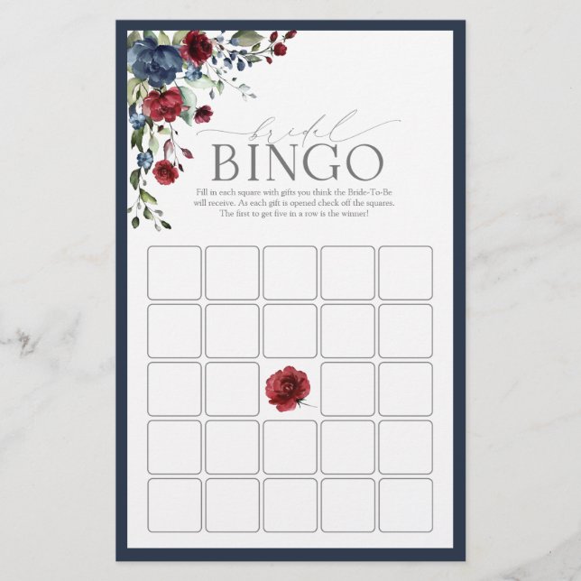 Navy Blue Burgundy Watercolor Bridal Bingo Game (Front)