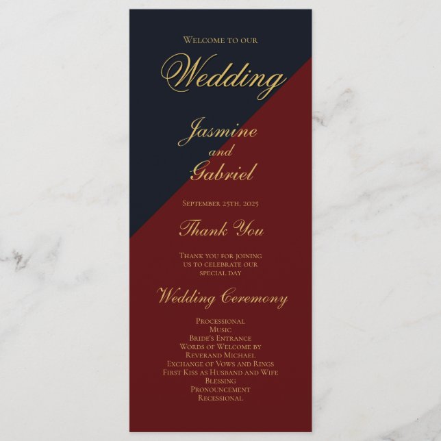 Navy Blue Burgundy Wedding Program (Front)