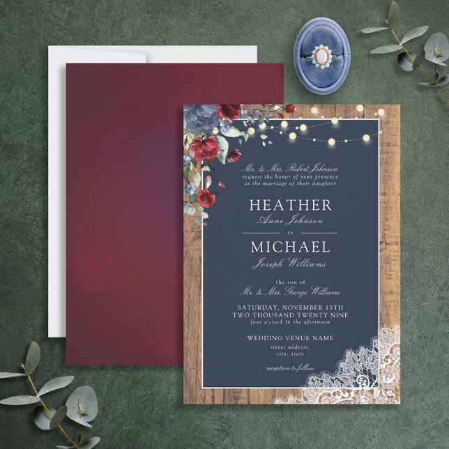 Navy Blue Burgundy Wood Script Lace Wedding   Invitation (Creator Uploaded)