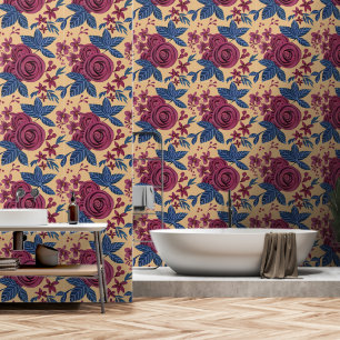 Navy Blue Burgundy yellow gold Watercolor Floral Wallpaper