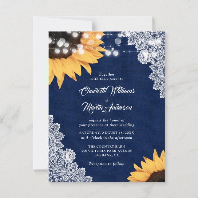 Navy Blue Burlap and Lace Sunflower Wedding Invitation (Front)