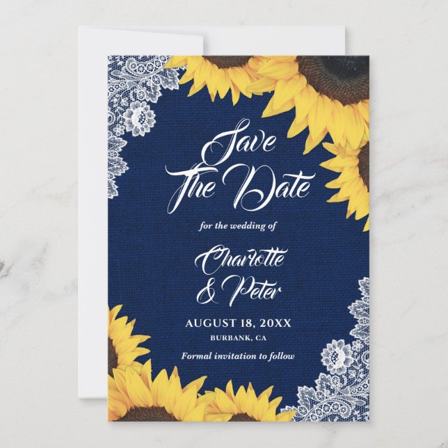 Navy Blue Burlap and Sunflower Save The Date Cards (Front)
