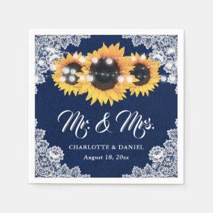 Navy Blue Burlap Floral Lace Sunflower Wedding Napkin