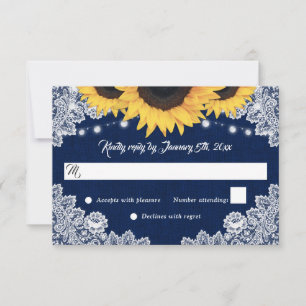 Navy Blue Burlap Floral Lace Sunflower Wedding RSVP Card