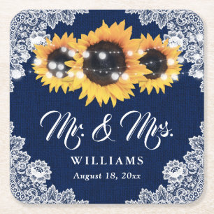 Navy Blue Burlap Floral Lace Sunflower Wedding Square Paper Coaster